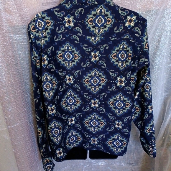 La Cabana Navy/green/brown xl large suede look, stretchy,  button front & sleeve - Picture 5 of 6